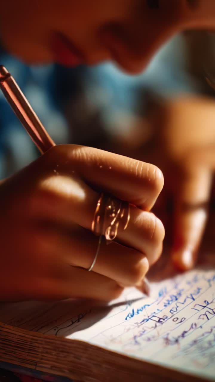 Uma pessoa concentrada escrevendo apaixonadamente em um notebook, mostrando a conexão íntima entre os pensamentos e a escrita à mão em um momento criativo de inspiração