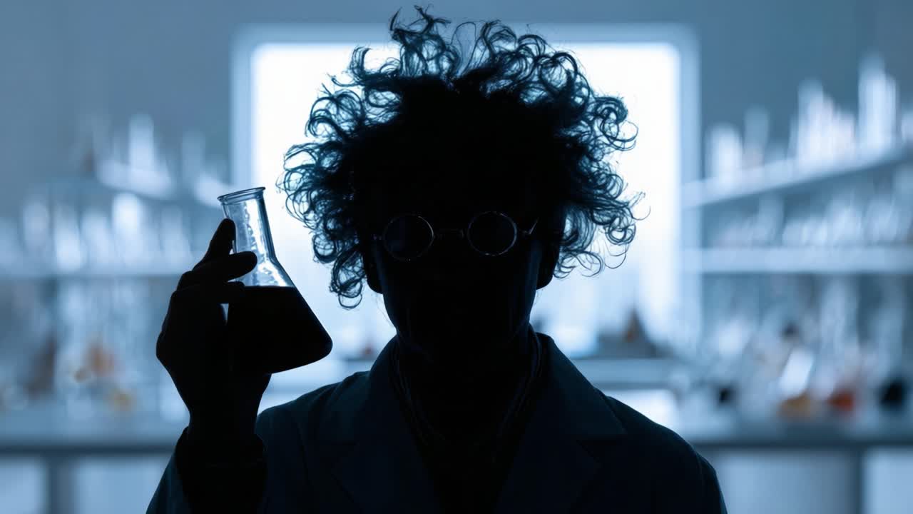 En mystisk person i en laboratoriefrakke med vildt hår holder en kolbe, der symboliserer videnskabelig udforskning og jagten på viden i et svagt oplyst laboratorieområde.