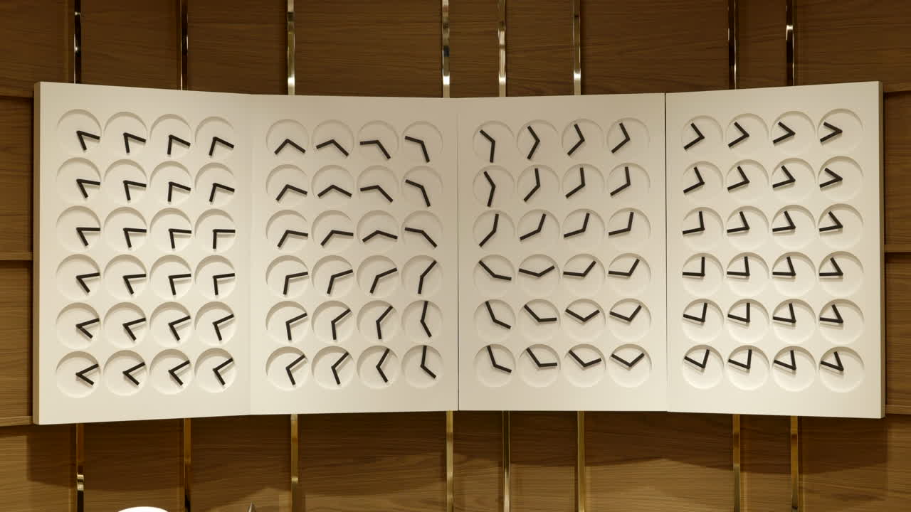 고급 시계 매장에 걸려 있는 패턴을 만드는 여러 개의 간단한 시계 작업, 정적 샷