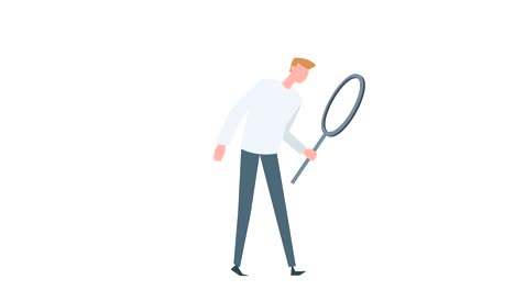 flat cartoon colorful man character animation. male walk cycle with magnifying glass situation