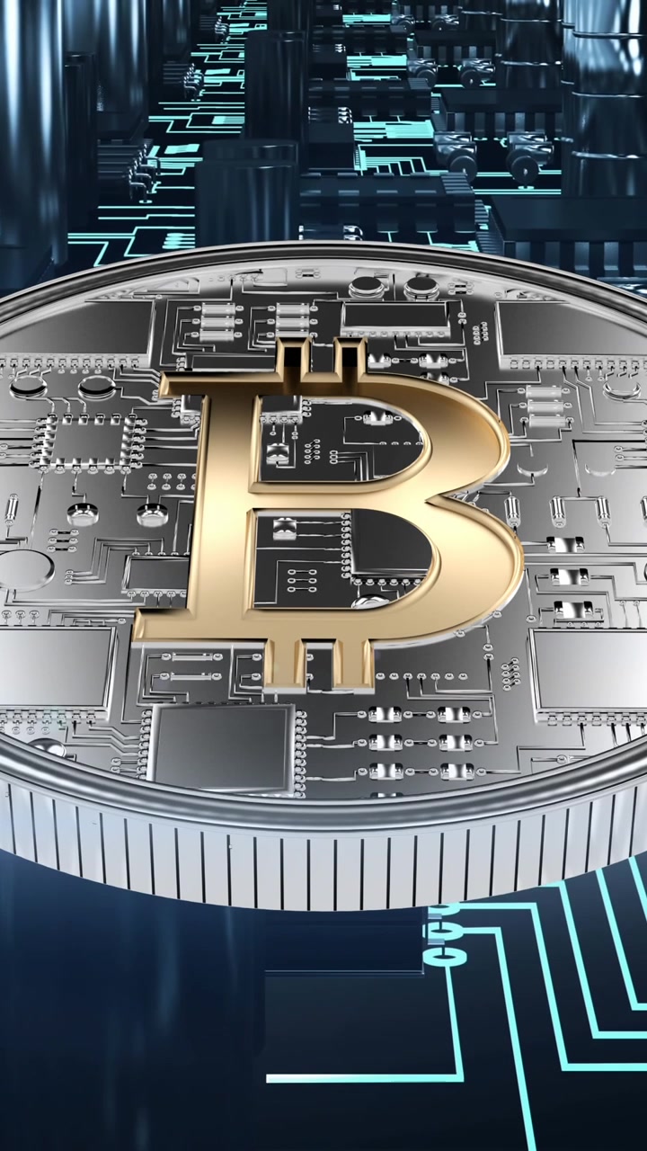 Bitcoin d'argento e punto luce in movimento su connessioni a circuito