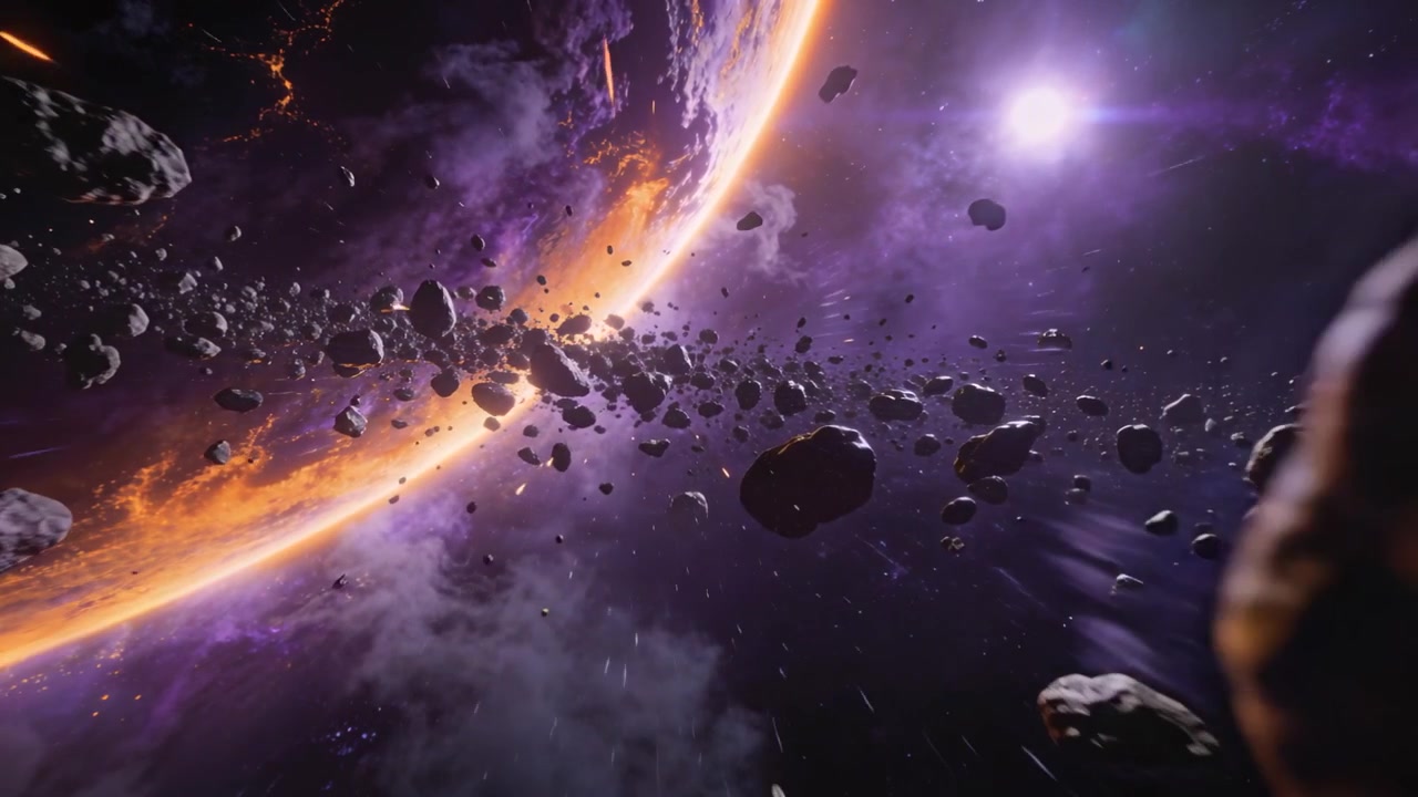 Sweeping camera forward, asteroid field drifting past planet limb with purple nebula