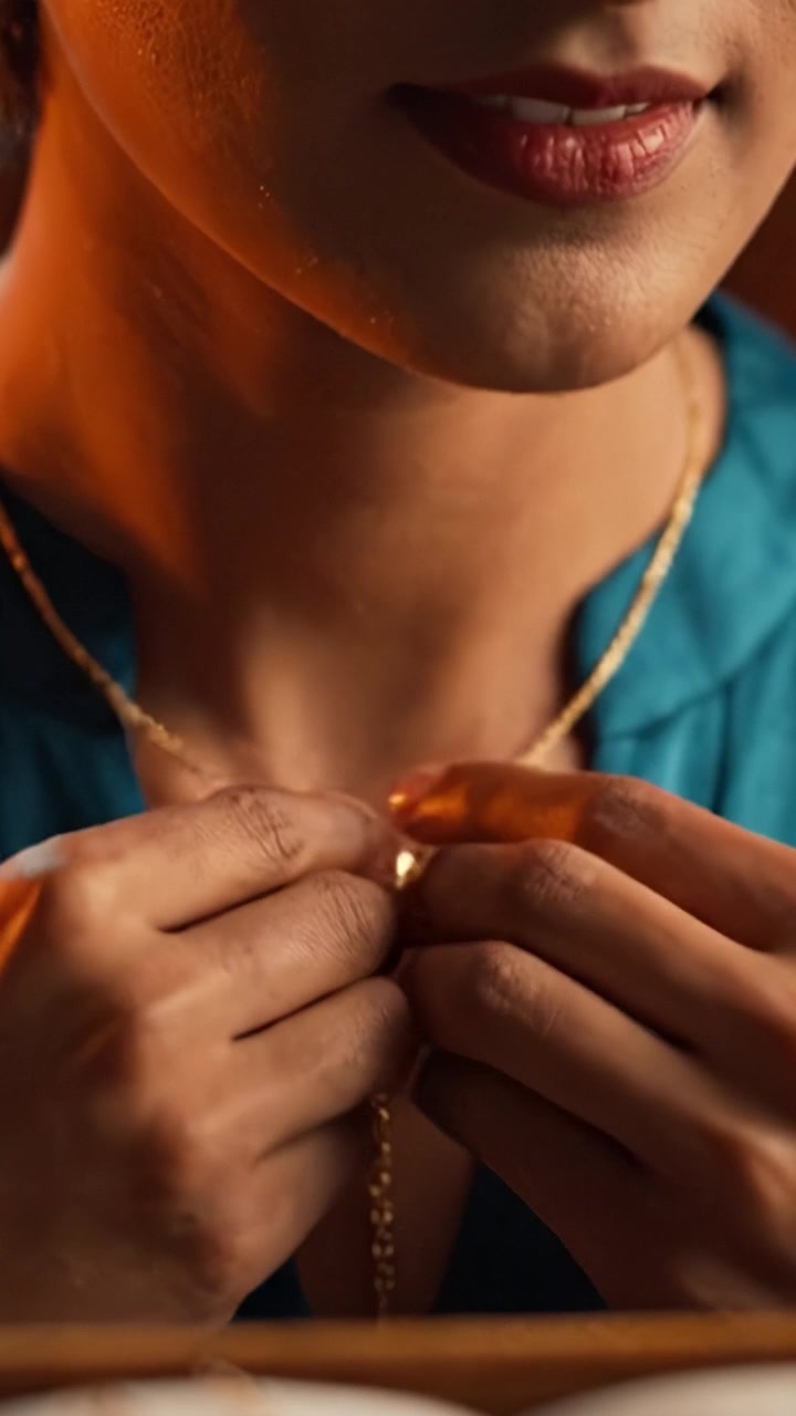 Una donna che adorna elegantemente una bellissima collana d'oro in illuminazione soffusa, catturando la complessità dei gioielli e la gioia dello stile personale