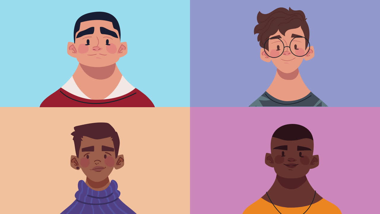 four interracial men characters animation