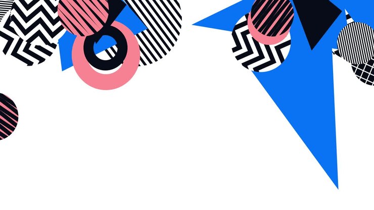 Geometric shapes fly and rotate. Animation of motion of a geometric pattern in the style of the 80s. Horizontal composition, 4k video quality