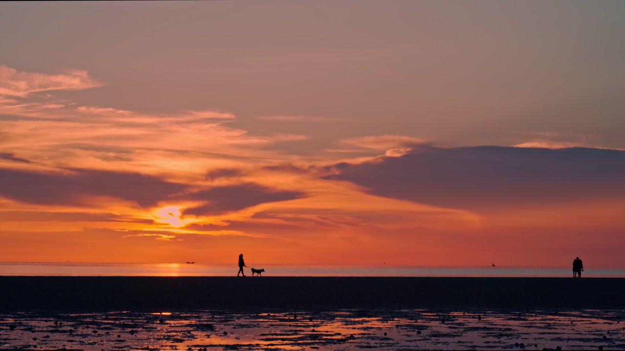 Silhuetter af mennesker, der går tur med hund på strand ved solnedgang.