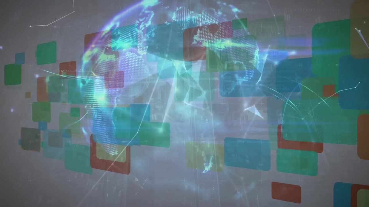 모양의 애니메이션과 다채로운 모양의 배경 위에 회전하는 지구