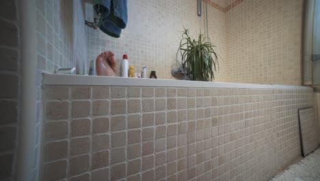 bathing with a hanging plant, relaxing, propping feet in a warm home bathtub, wide angle