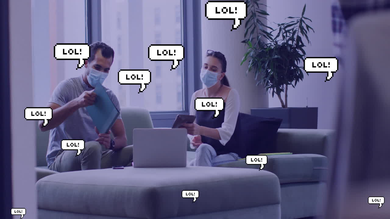 문자 및 데이터 처리의 애니메이션 다양한 비즈니스 사람들 사무실에서