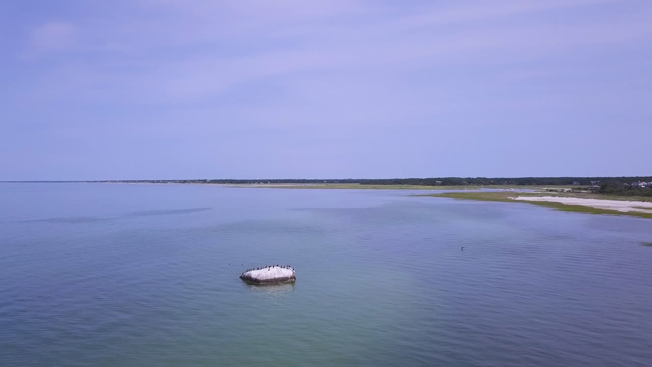 The camera moves right and descends while a group of birds perched on a rock. These birds are Cormorants, and are sunbathing while perched on the rock that sits in the bay.