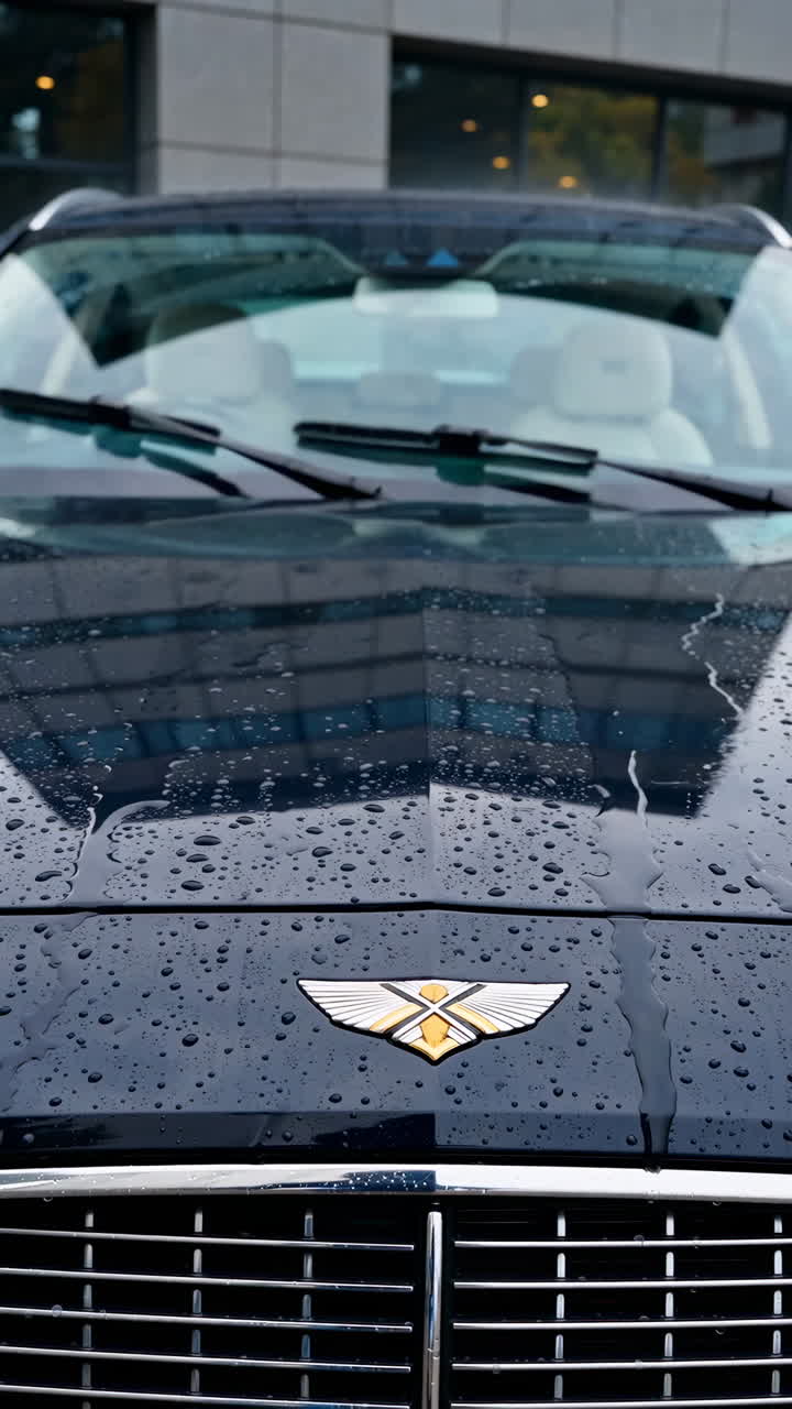 Close-up of a wet Aston Martin car hood with water droplets