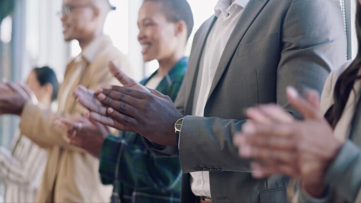 Business people, success and applause in office
