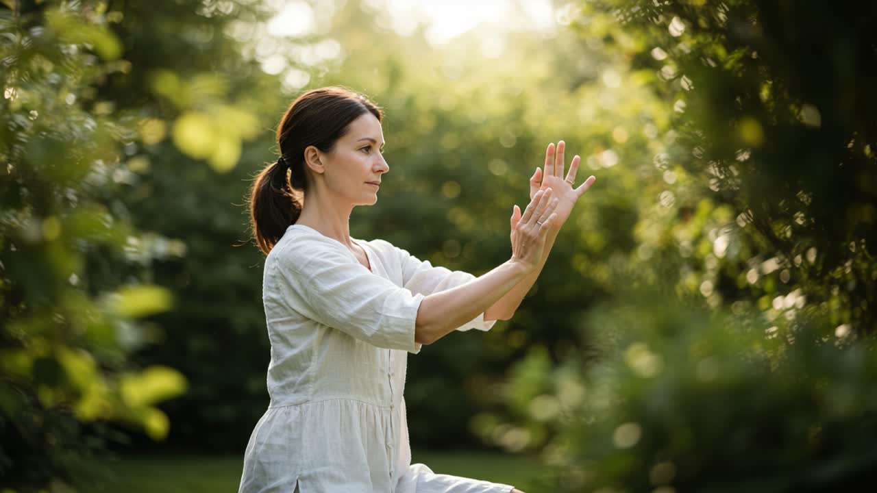 A Serene Woman Engages in Mindful Movement Amidst a Lush Green Environment and Natural Light, Emphasizing Connection with Nature and Inner Peace