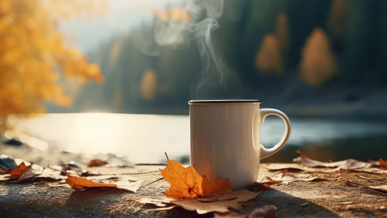 A cozy autumn scene with a steaming mug on a leaf-covered surface