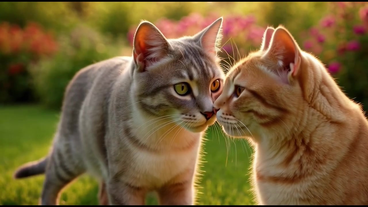 Due gatti che si salutano in un giardino soleggiato.