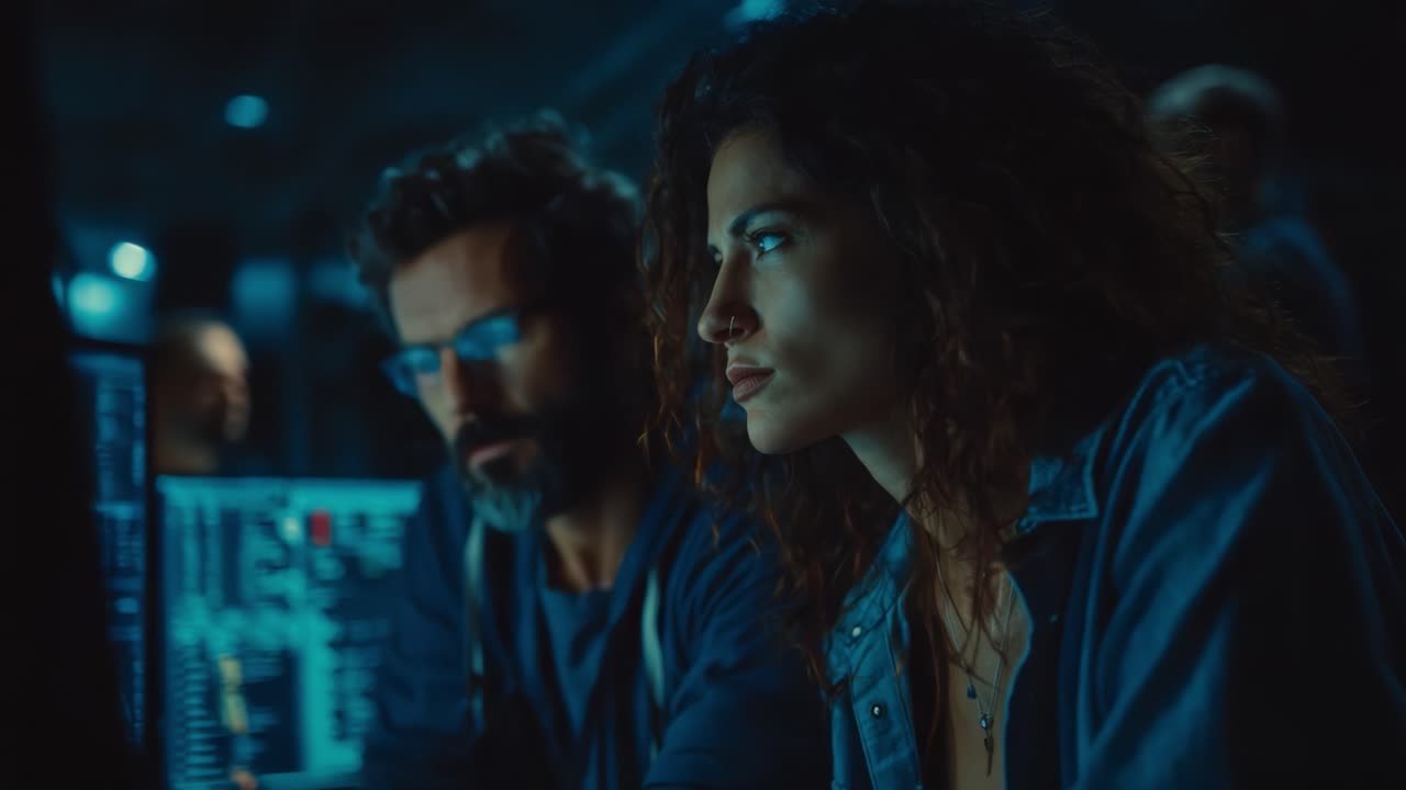 In a high-tech control room, two focused analysts intensely monitor data screens, uncovering secrets while surrounded by an atmosphere of suspense and urgency