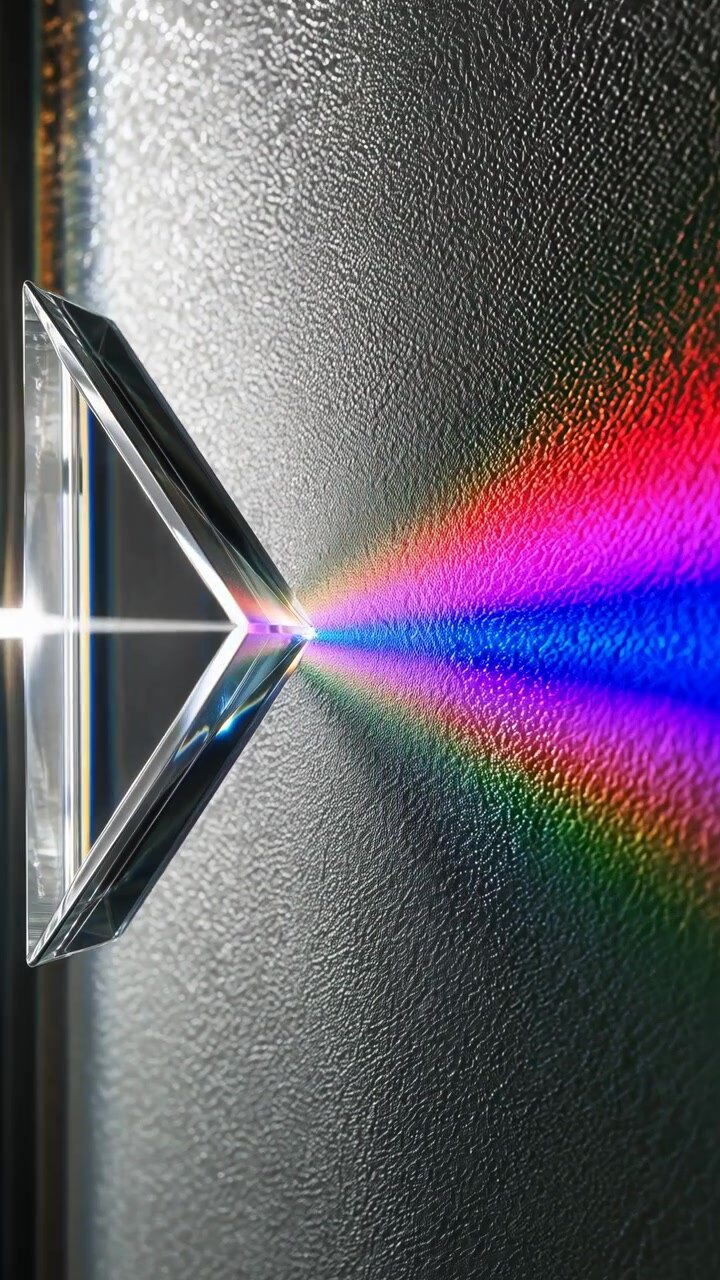 Transparent prism creates rainbow rays on dark textured background with bright reflections and colorful gradients, while close framing highlights glass edges, light separation, and optical details.