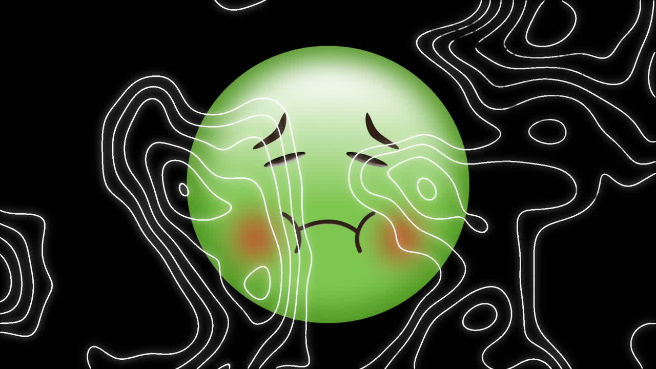 검은 바탕에 선 지도와 함께 아픈 이모지 아이콘의 애니메이션