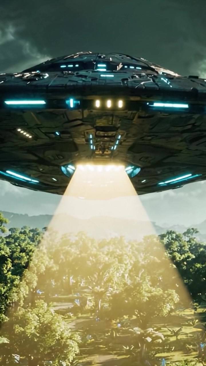 Et mystisk UFO daler ned over et frodig fremmed landskap, og lyser opp bakken med et eterisk lys, som avslører en uutforsket verden under