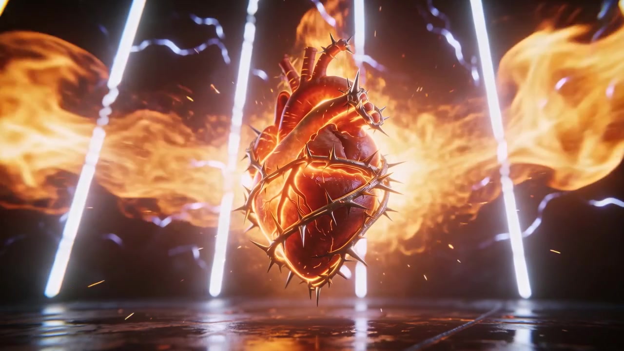 Cuore luminoso che pulsa, un bagliore che forma ali di fiamma su un palco bagnato, legato con filo spinato, cercando i riflettori.
