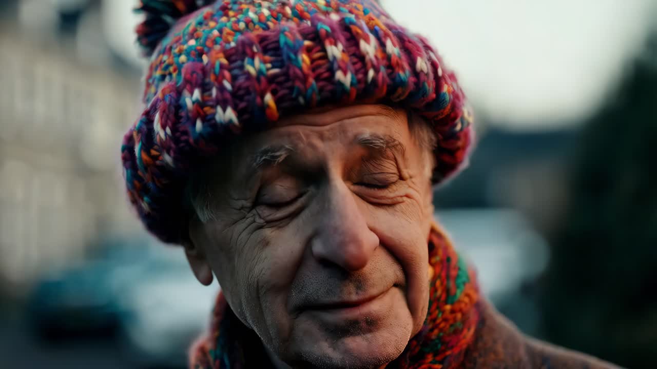 다채로운 뜨개질 모자를 입은 노인 초상화