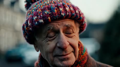 portrait of a senior man wearing a colorful knitted hat