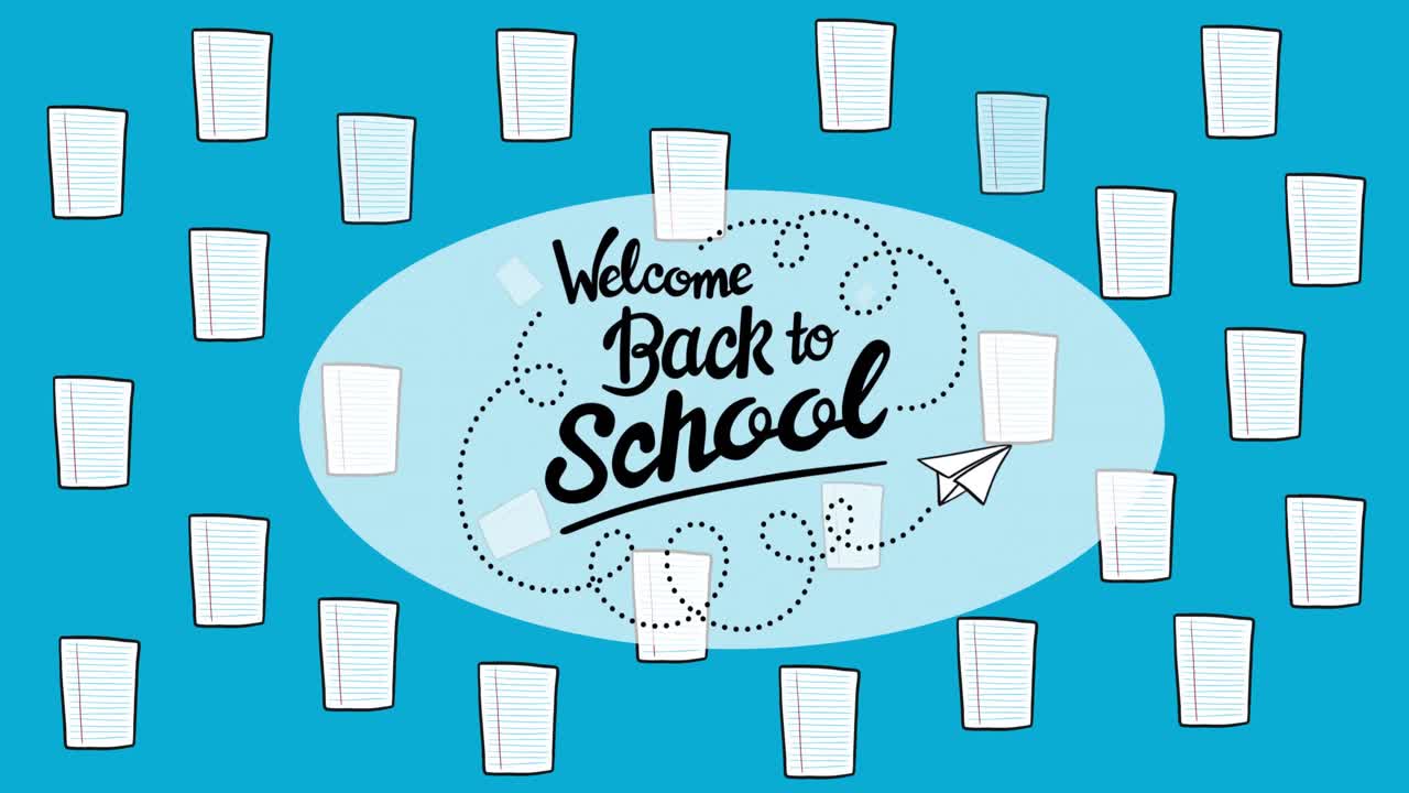 학교 아이템 아이콘 위에 학교로 돌아가는 텍스트의 애니메이션