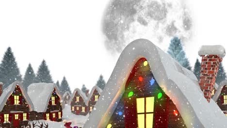 Animation-of-snow-falling-over-houses-covered-in-snow-decorated-with-christmas-fairy-lights