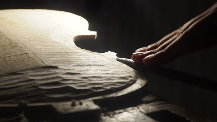 luthier geigenmacher schnitzerei bildhauerei rohes ahornholz geige rücken tisch