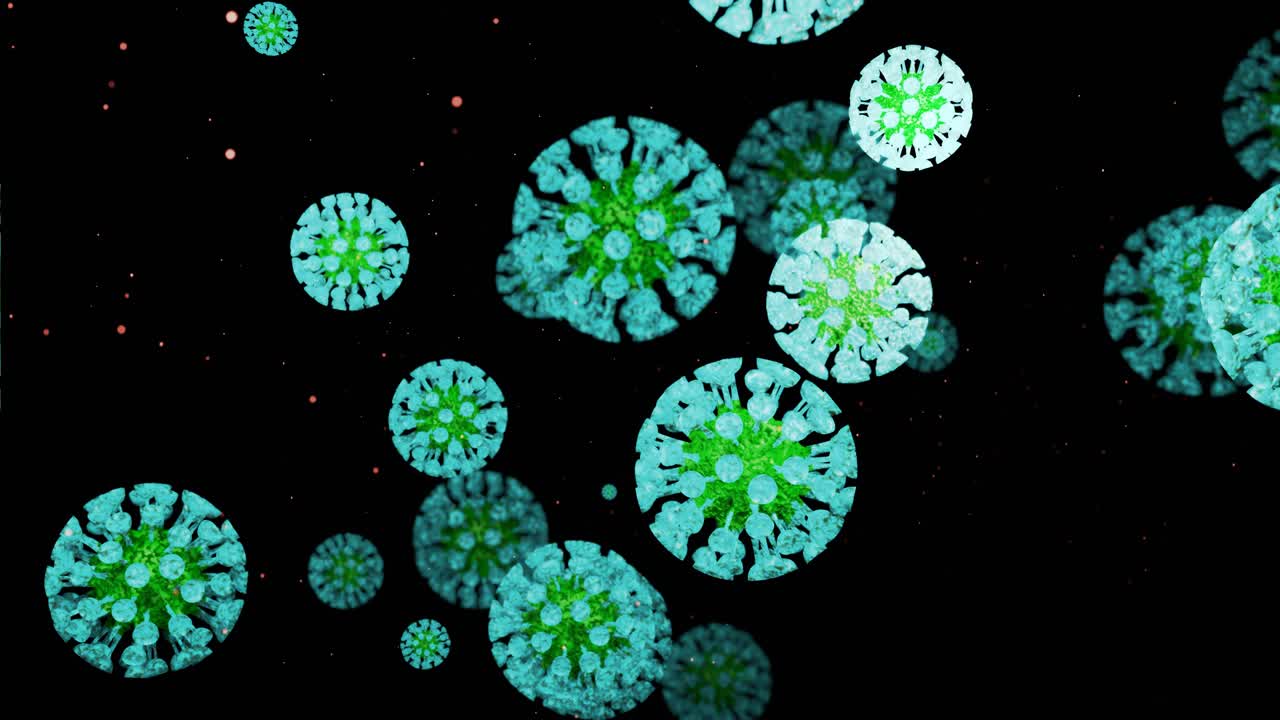 en primer plano, el coronavirus tipo covid-19, h1n1, la gripe aviar o la gripe porcina se mueven suavemente en el fluido. representación 3d del virus como fondo de bucle microscópico microbiológico. gradiente azul verde 4