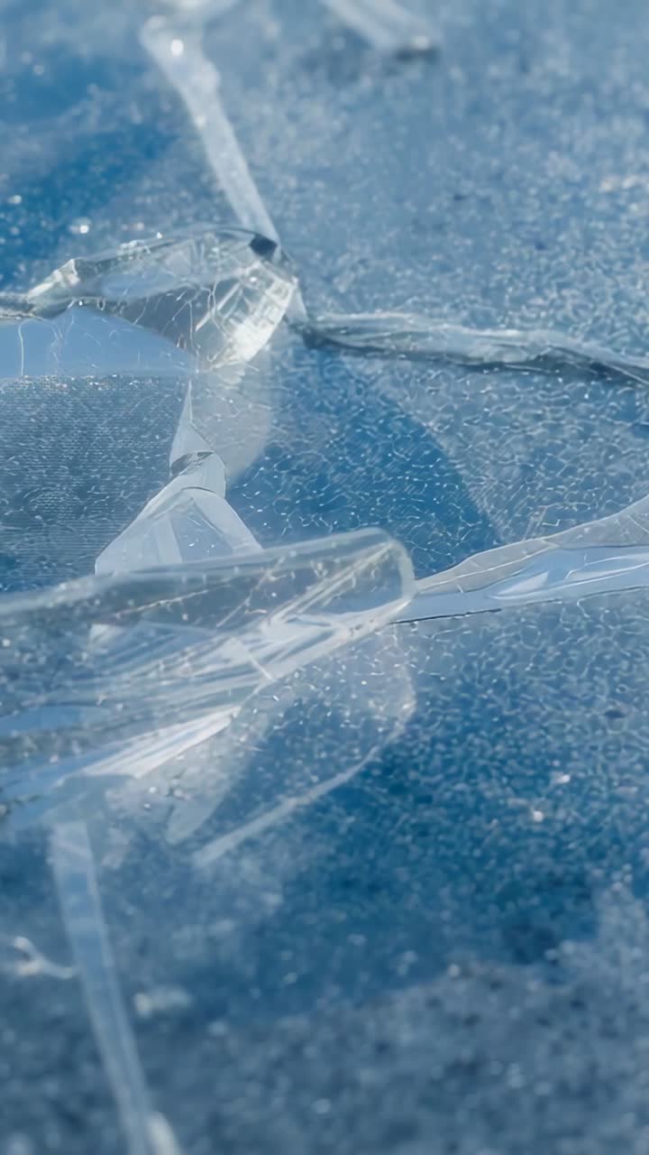 Video verticale: Telecamera che si sposta rivelando frammenti di ghiaccio traslucidi sul ghiaccio di un lago ghiacciato, mostrando una crepa.
