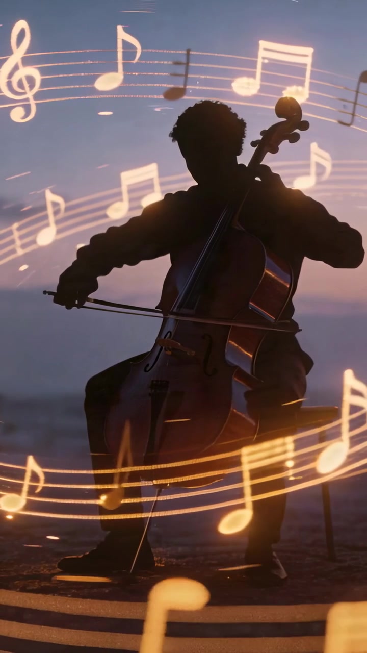 Vertikales Video: Leuchtende Noten lassen Cellisten in dunklem Oberteil auf einem Hügel Cello streichen und Musik erzeugen
