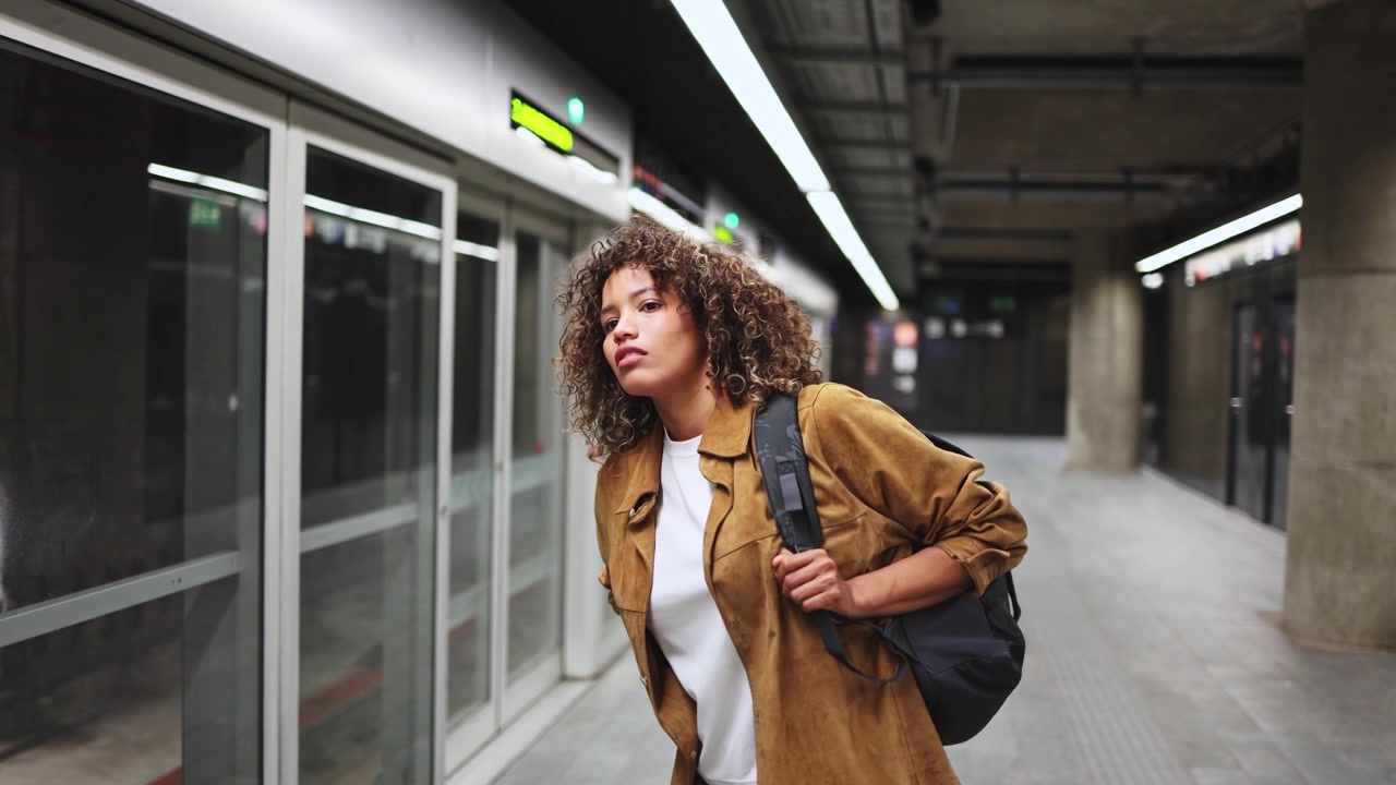 Giovane donna che aspetta impazientemente alla stazione della metropolitana