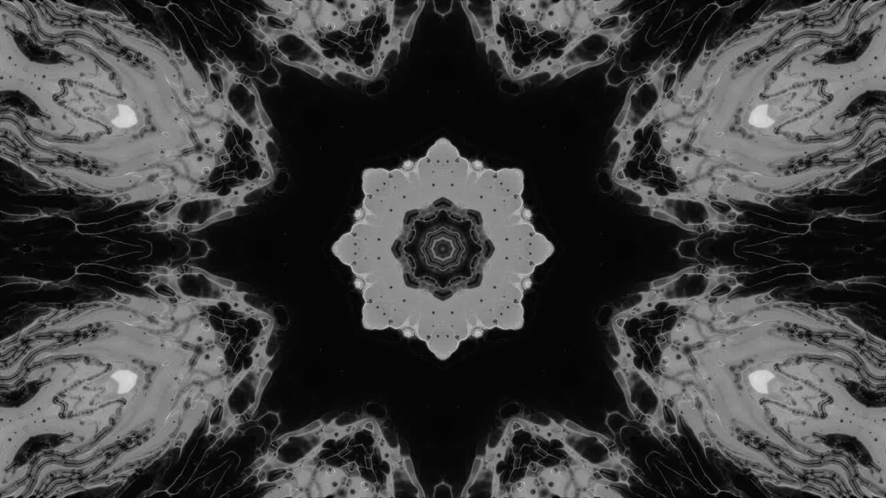animación caleidoscópica en blanco y negro. fondo de caleidoscopio monocromo