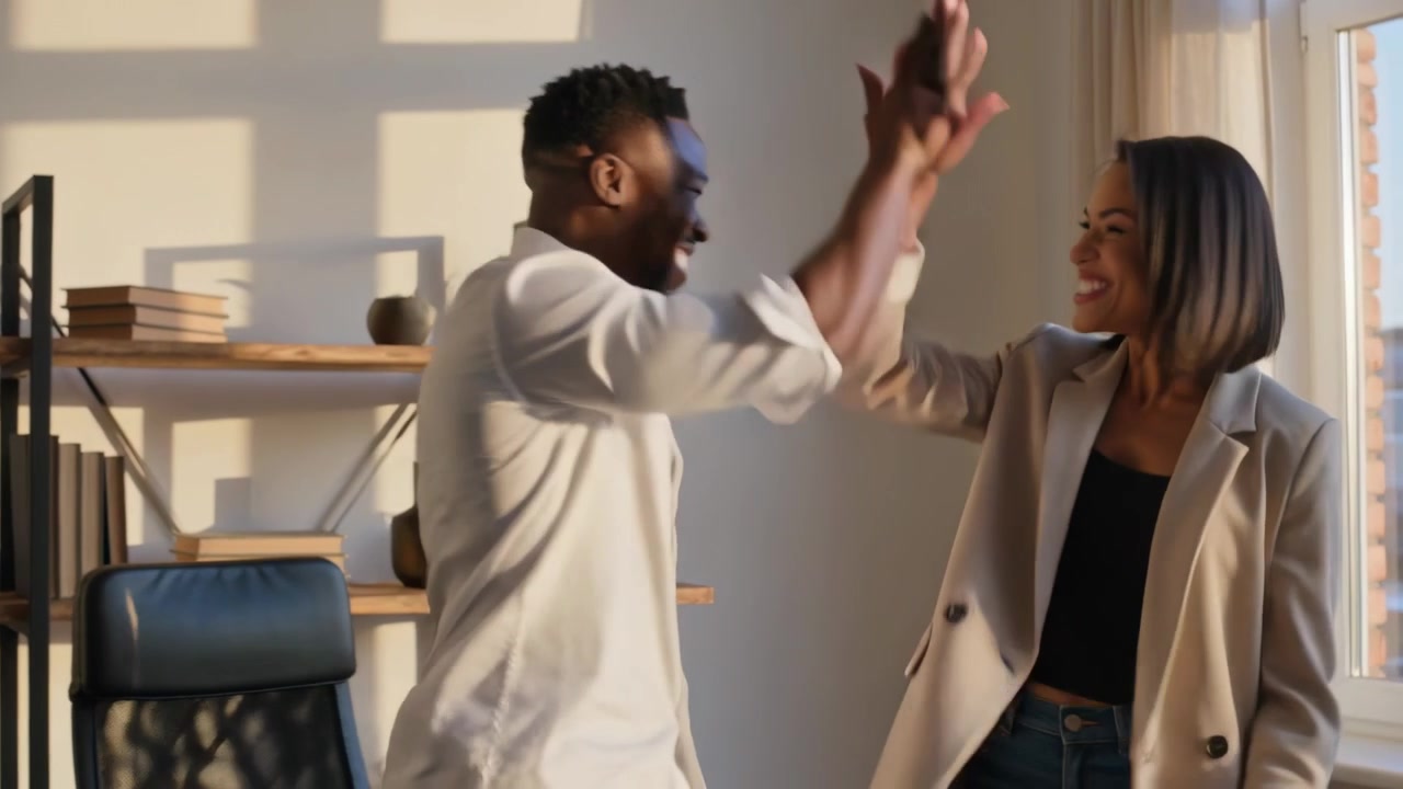 Percebendo um e-mail de vitória no laptop, homem de camisa branca em pé, fazendo um high-five com um colega de trabalho em uma mesa de madeira
