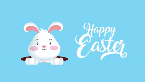 feliz tarjeta animada de pascua con un conejo lindo y letras