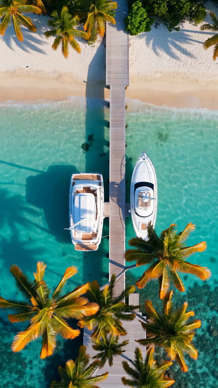 Aerial View of Tropical Pier with Boats and Palm Trees
