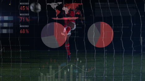 animación del procesamiento de datos financieros sobre un jugador de fútbol americano afroamericano en fondo negro