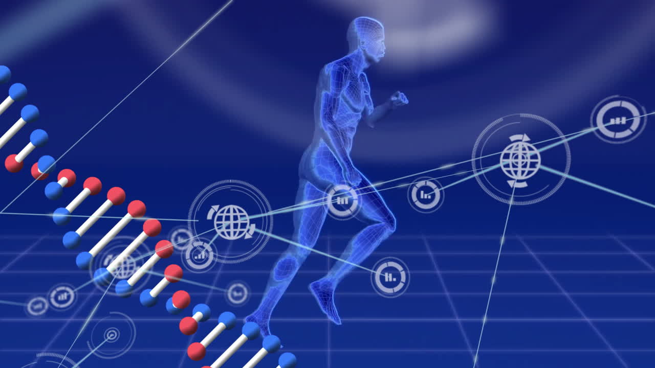 dna 스트랜드의 애니메이션과 과학 데이터 처리가 인간과 연결되어 있습니다.