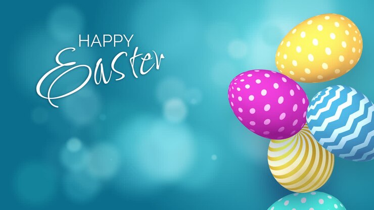 Colored Easter eggs with patterns fall down. Blue background with bokeh and the inscription Happy Easter. Template with empty space for text.