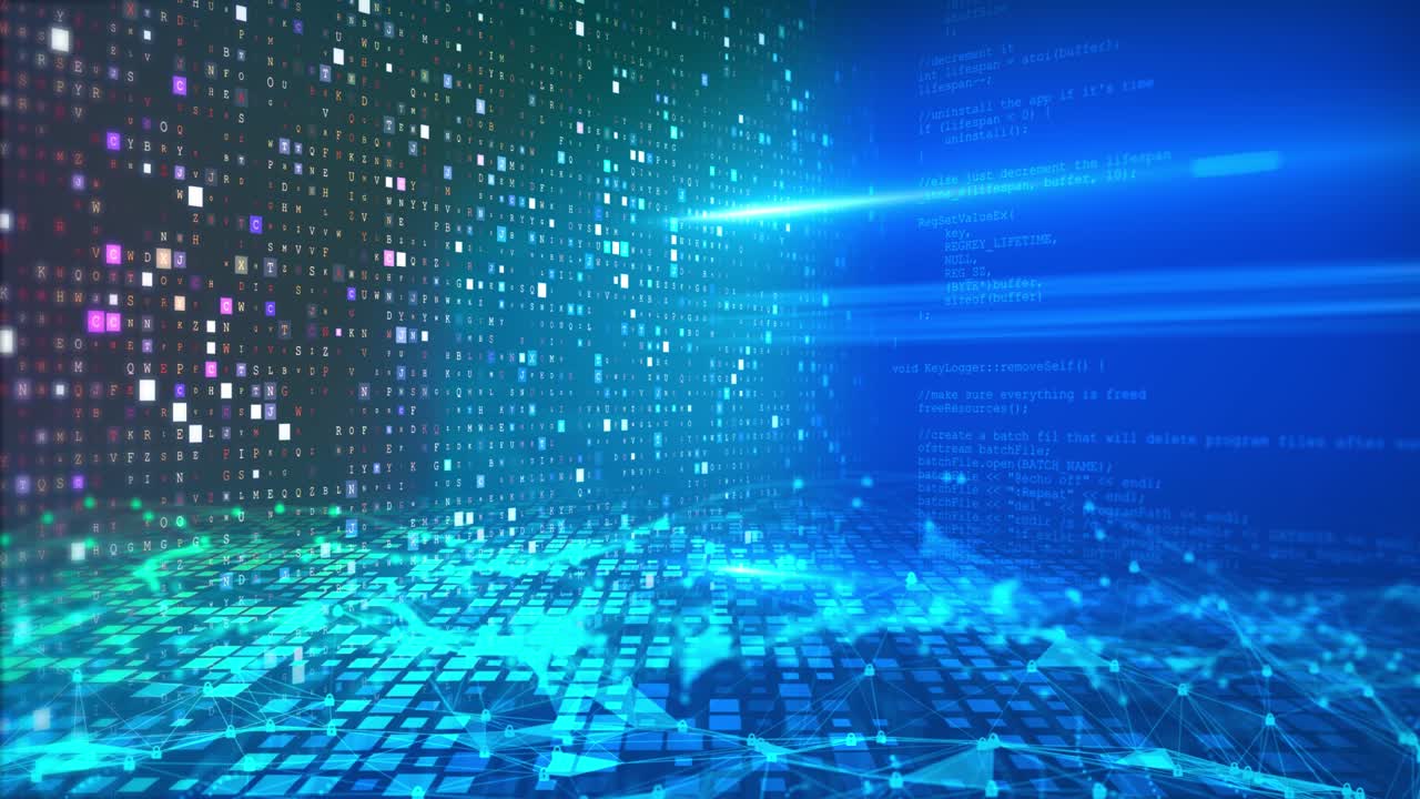 추상적인 디지털 입자 파동 및 가운 사이버 또는 기술 배경 루프 애니메이션.