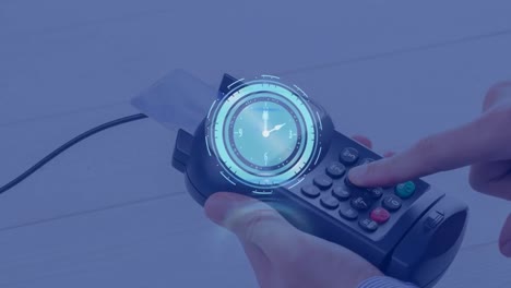 animation of clock moving fast over payment terminal