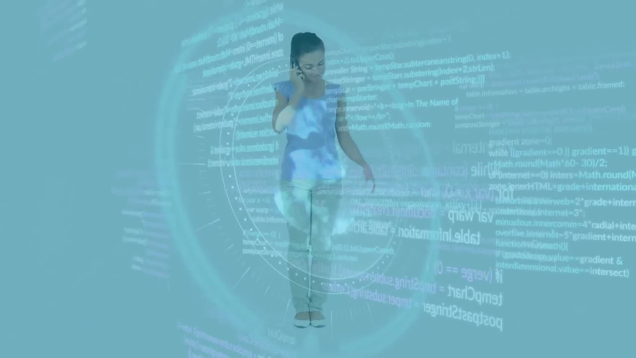 Animation of scope scanning and data processing over caucasian businesswoman