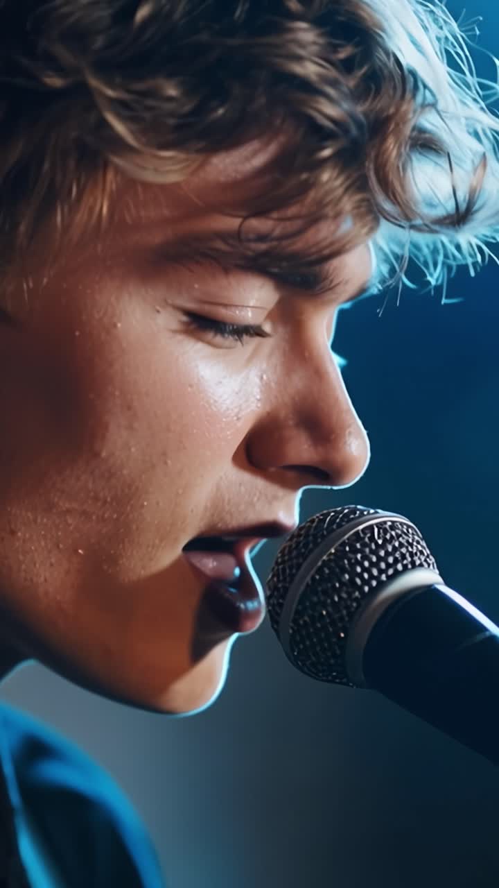 Captivating Performance: A Close-Up of a Young Male Artist Singing Passionately into a Microphone with Focused Expression in a Dynamic Atmosphere