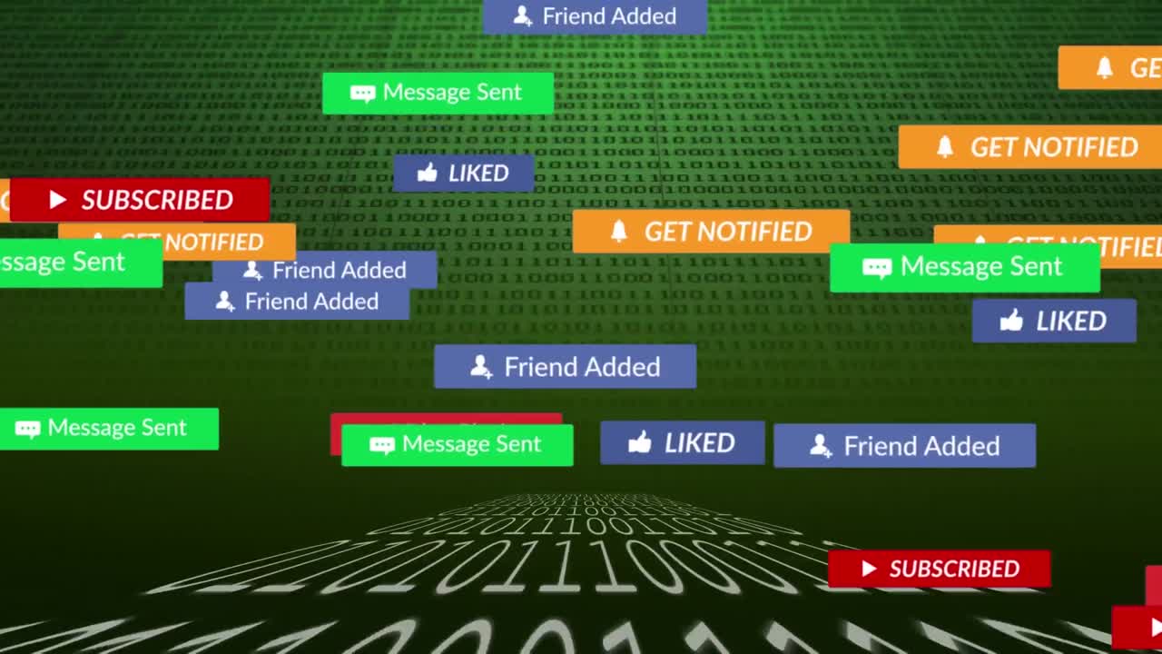 녹색 배경에 데이터 처리를 통해 소셜 미디어 텍스트의 애니메이션