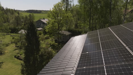 Aerial view: Beautiful yard and Photovoltaic system on a house, sunny summer day