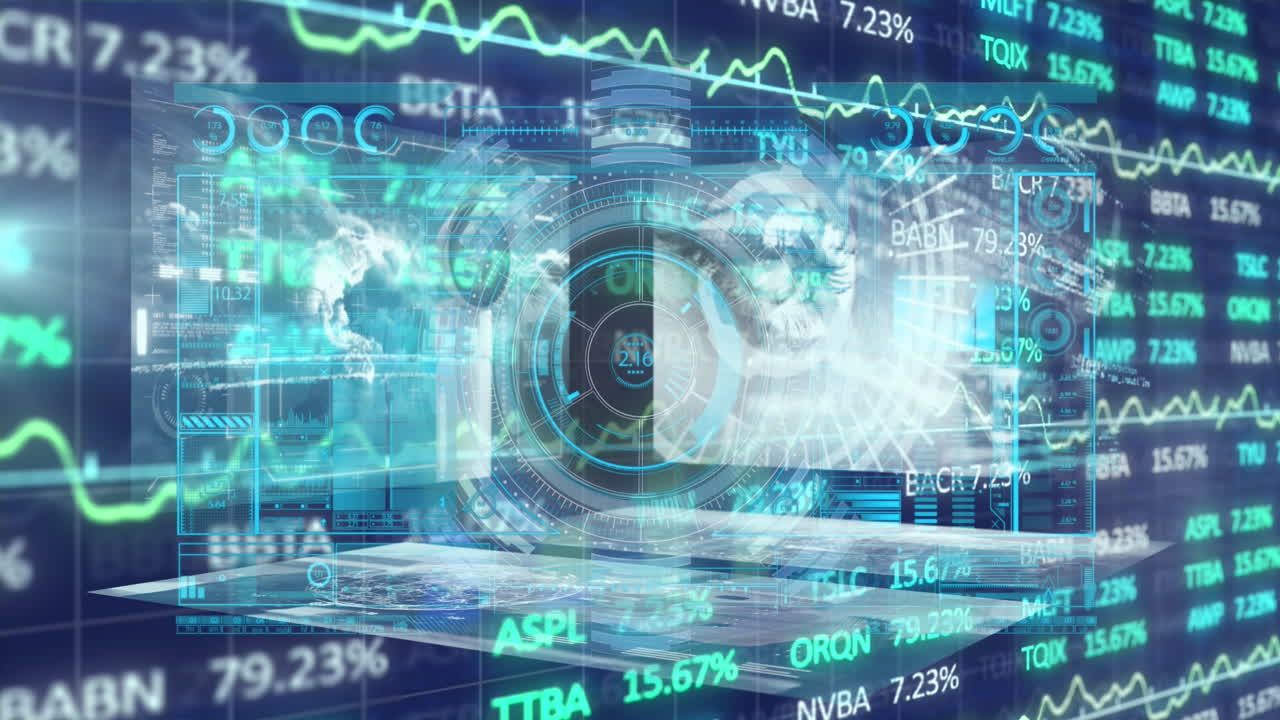Animation of financial data processing over scope and cctv camera