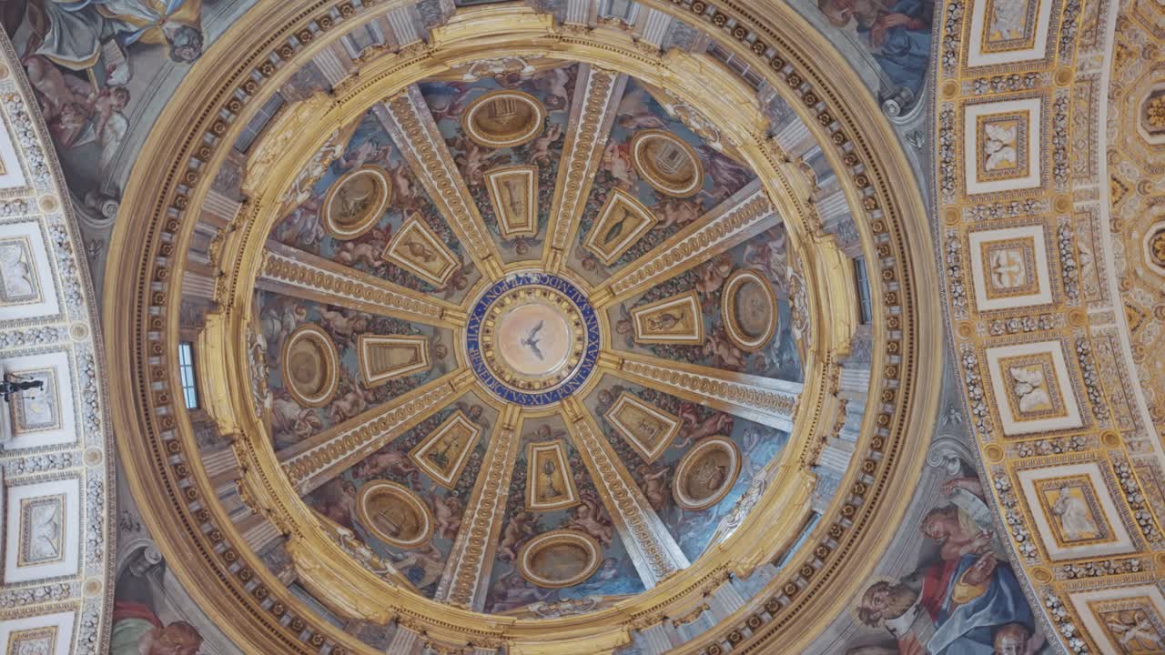 Stunning view spinning upward looking at the majestic dome and ornate ceiling of St. Peter’s Basilica, highlighting the beauty of Vatican City’s sacred interior