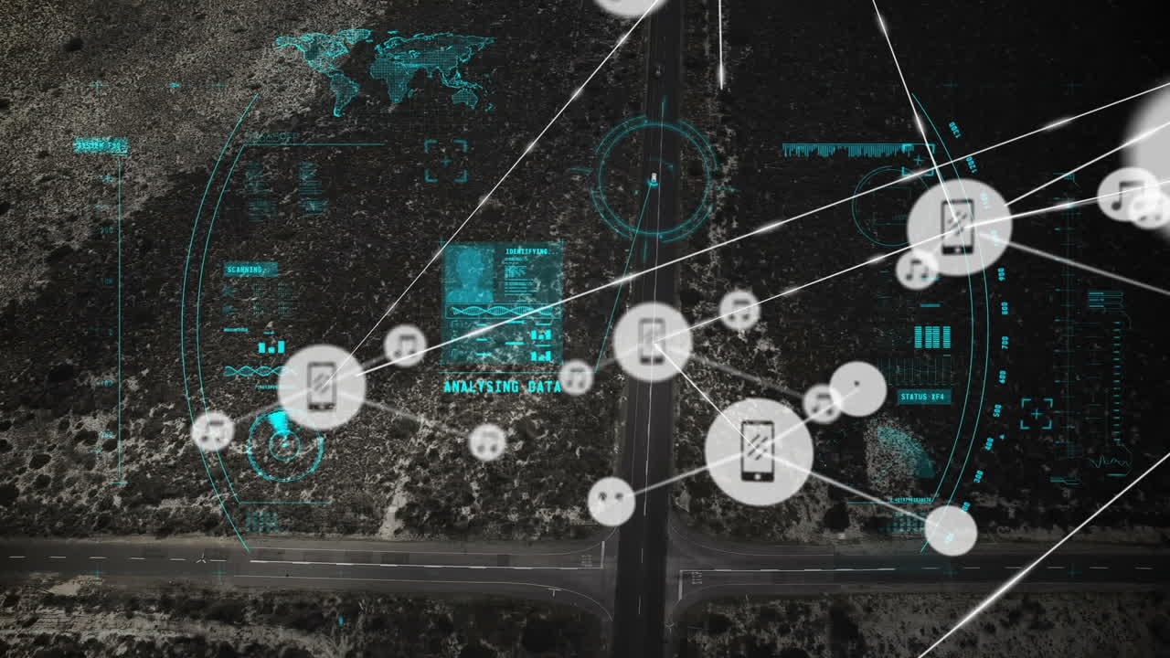 Animation of network of connections with icons over cityscape