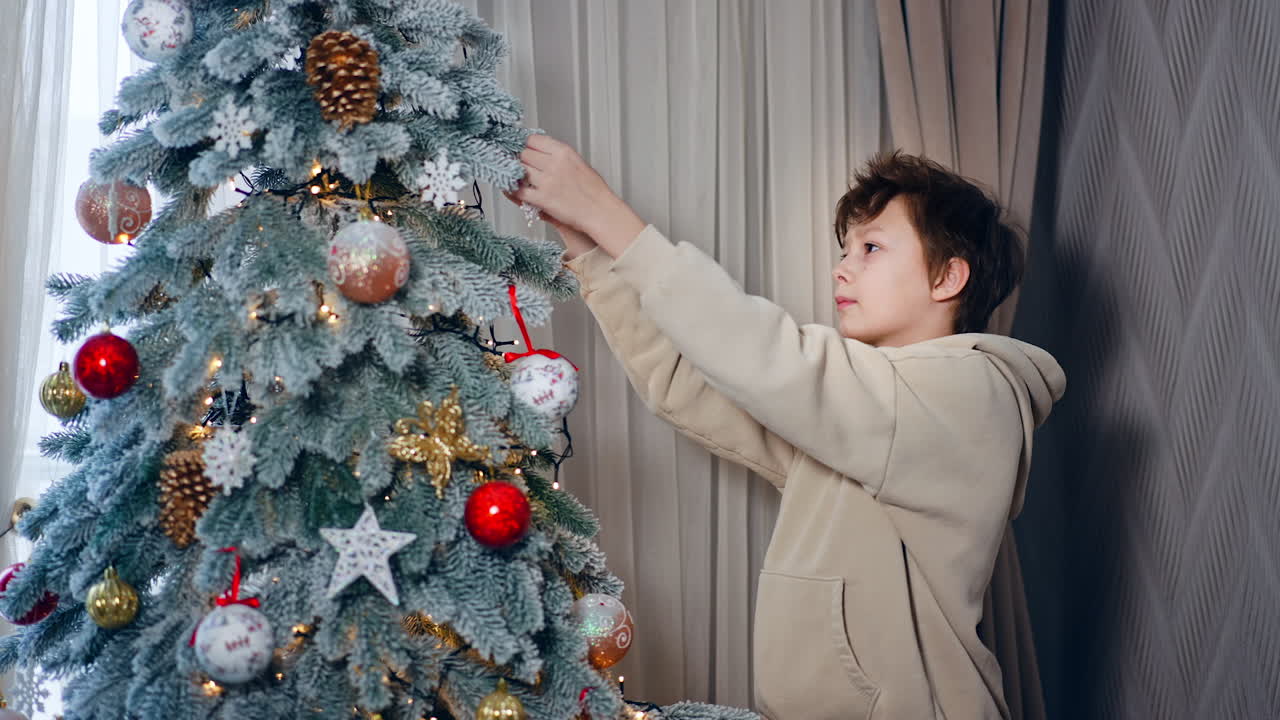 Boy Decorating Christmas Tree